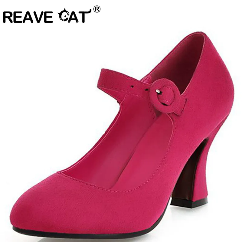 REAVE CAT Big size 34-43 Women high heels Pumps Flock Pointed toe Hoof heels Buckle Fashion Black Red Blue QL4622