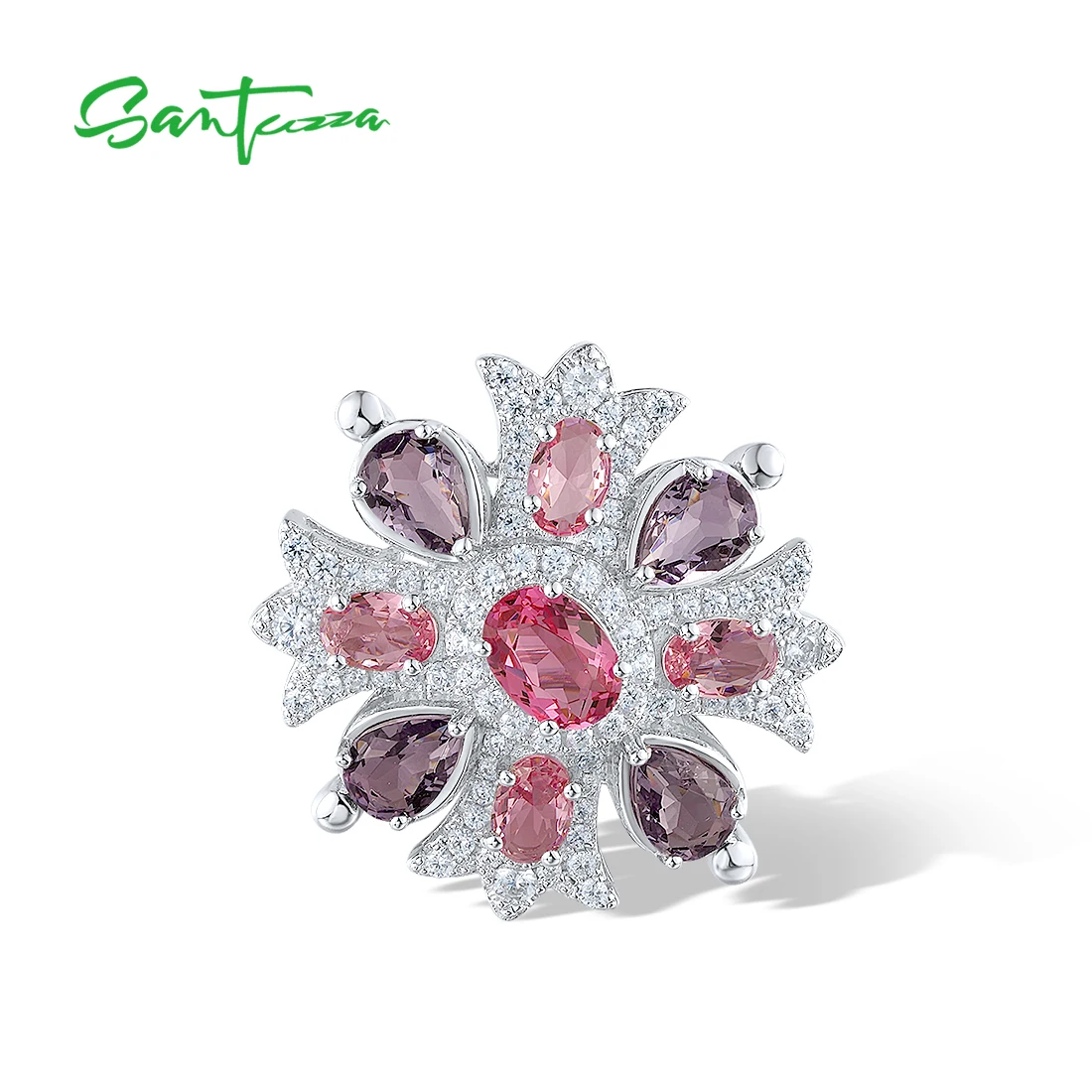 

SANTUZZA Authentic 925 Silver Brooch For Women Sparkling White CZ Red Purple Stone Trendy Wedding Anniversary Gifts Fine Jewelry