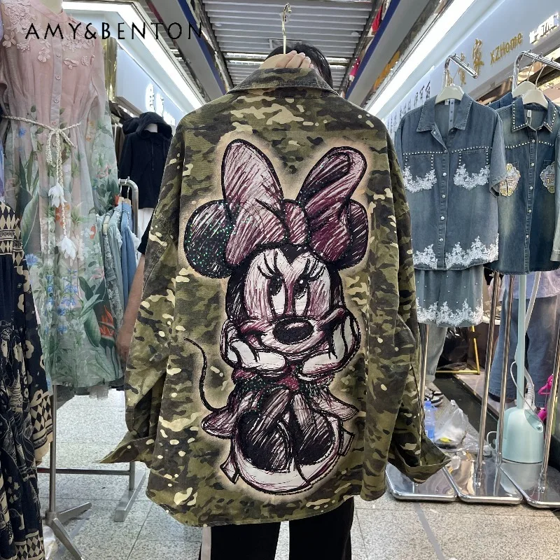 Autumn Pure Cotton Loose Top Blouse Mid-Length Stylish Denim Long Sleeves Shirt Single-Breasted Casual Y2k Blouse Jacket Ladies