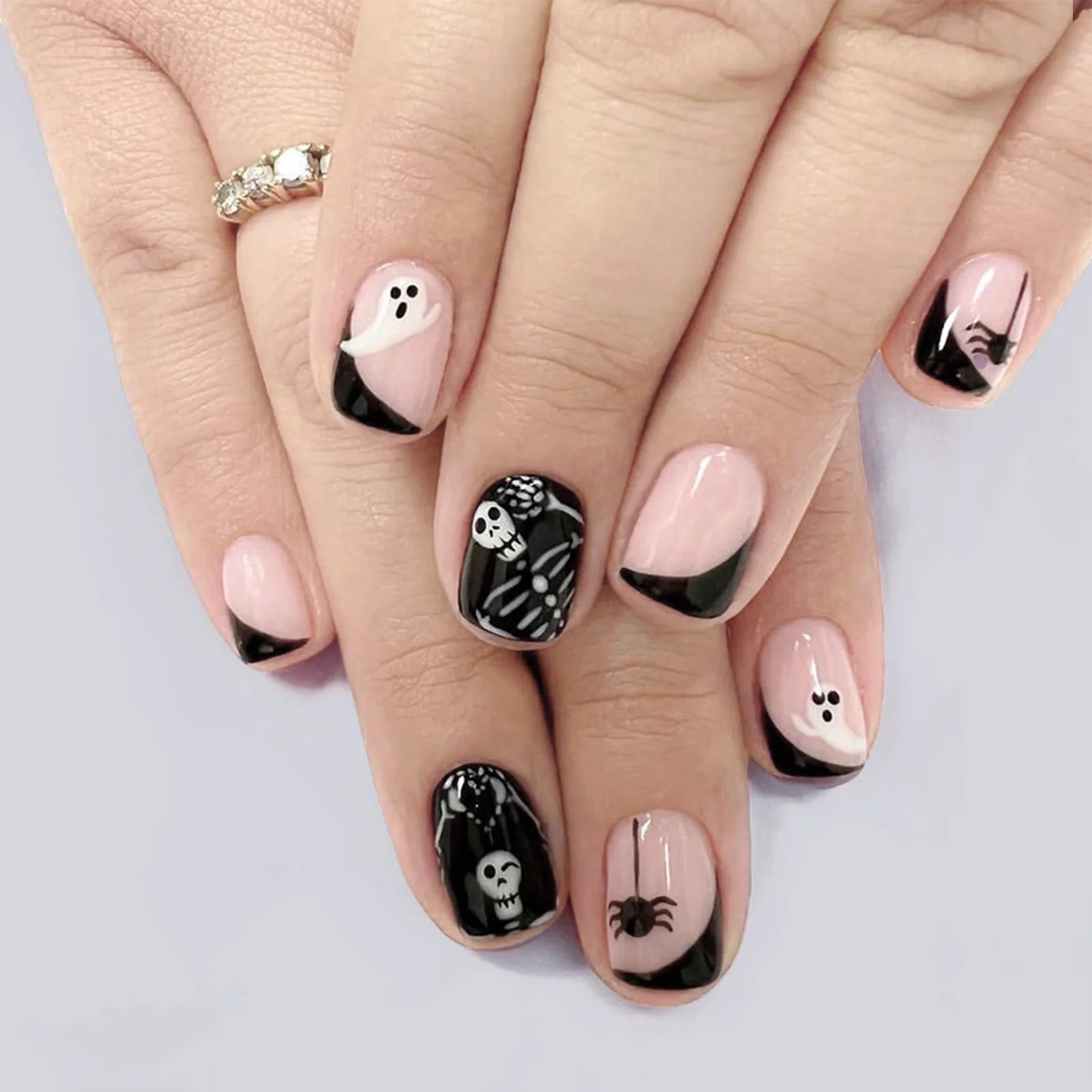 Pink Black Short Fake Nails with Ghost Printed Sweet & Charming Reusable False Nails for Stage Performance Wear