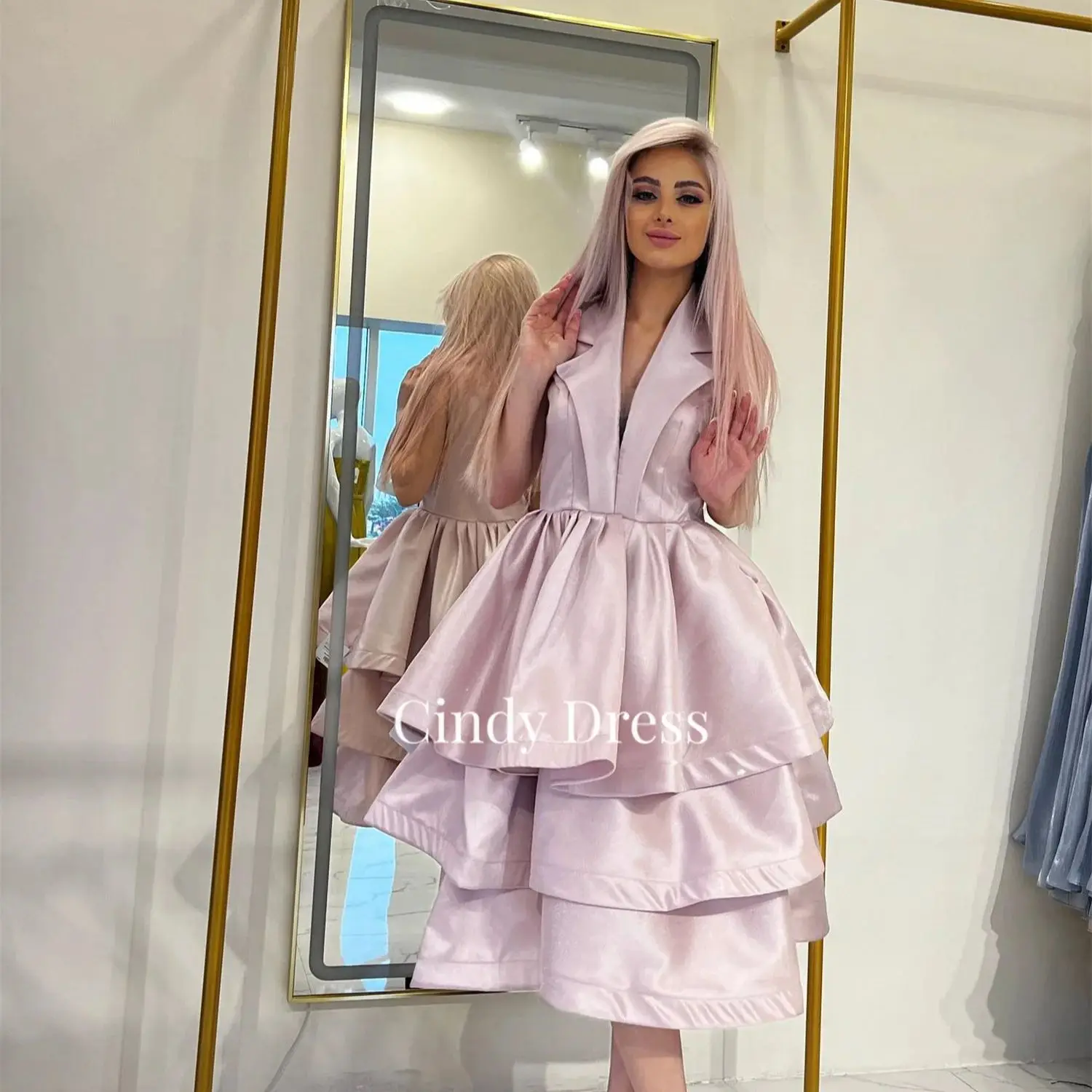 

Cindy Formal Occasion Dresses Satin Evening Dress Layered Women's Saudi Arabia Cocktail Wedding Guest V-line Luxurious Woman's