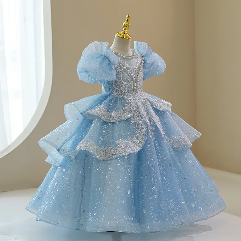 2024 Baby Girl Princess Dress Sequin Party Dresses for Children Puff Sleeves Clothing Classy Flower Girls Costume for Wedding