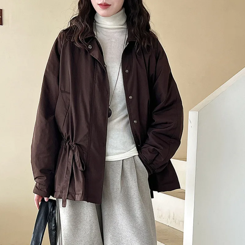 EAEOVNI Fashion Winter Down Jacket Women Warm Drawstring Pleated Design Zipper Lapel Solid Color Coat 2025 New Clothing