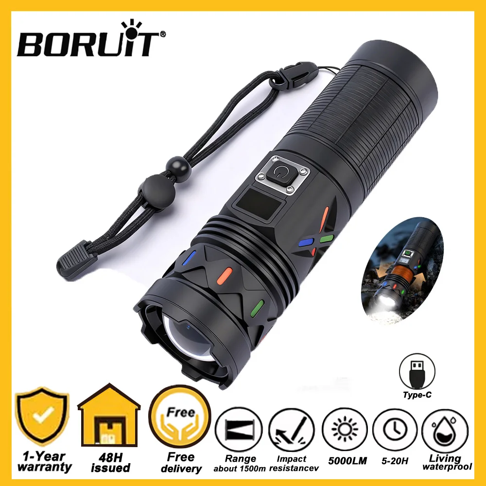 BORUiT 5000Lumen Ultra Bright LED Flashlight1500M Range Zoom Torch USB Rechargeable Handheld Torch With Digital Display Camping
