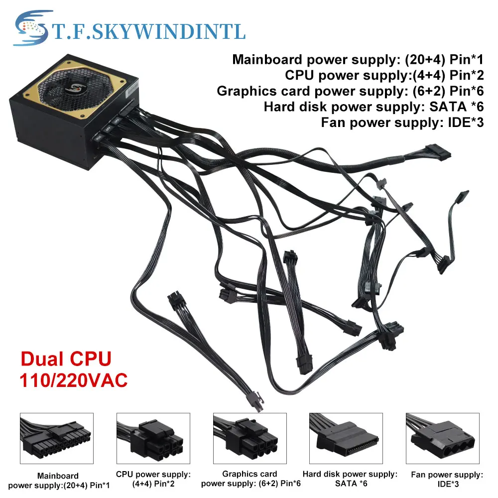 T.F.SKYWINDINTL Gold Full Modular PC Power Supply, Medal Active, PFC, ATX, Novo, 1000W, TF1000