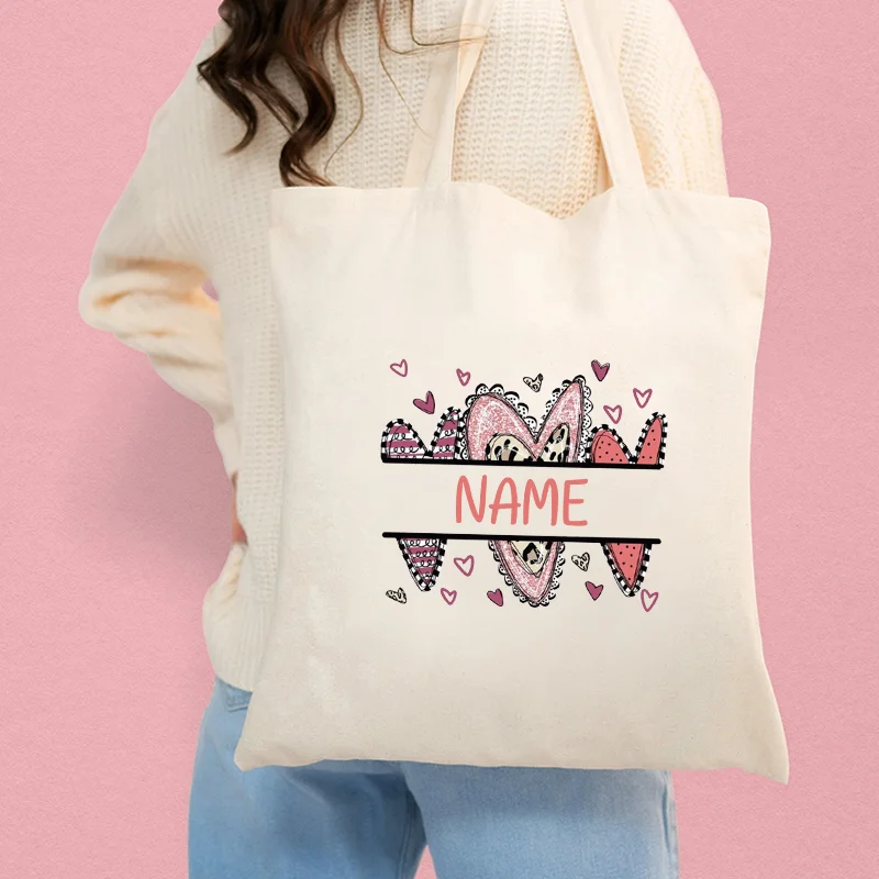 Personalized Name Canvas Tote Bags for Valentine Couple Custom Heart Design for Lover Special Gifts for Girlfriend Shopping Bag