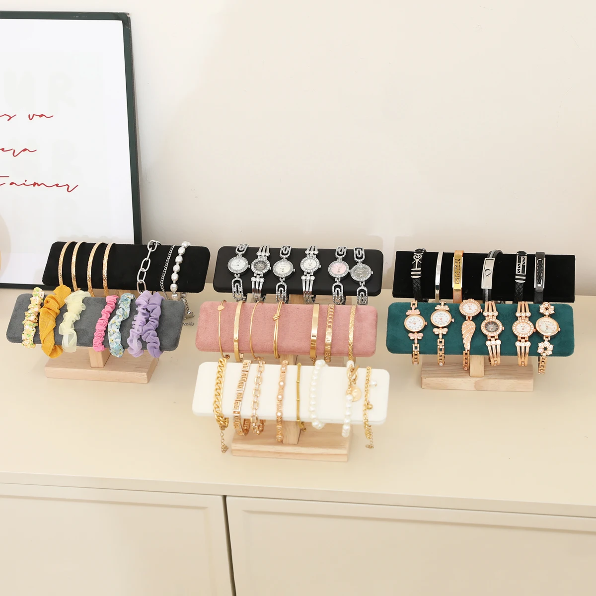 1pc Wooden Base T-Shaped PU Leather / Velvet Bracelet Display Rack Bangle Watch Hairband Jewelry Storage Stand Holder Organizer
