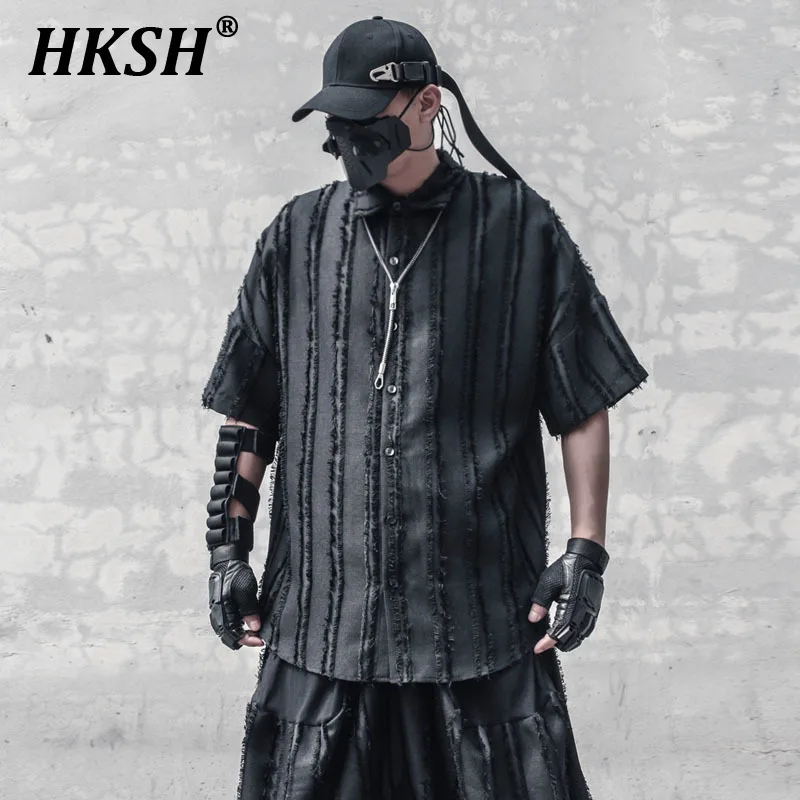 HKSH Summer Dark Vertical Stripe Short Sleeve Shirt Niche Trendy Chic Handsome Loose Tassel Dark Casual Half Sleeve Tops HK1348