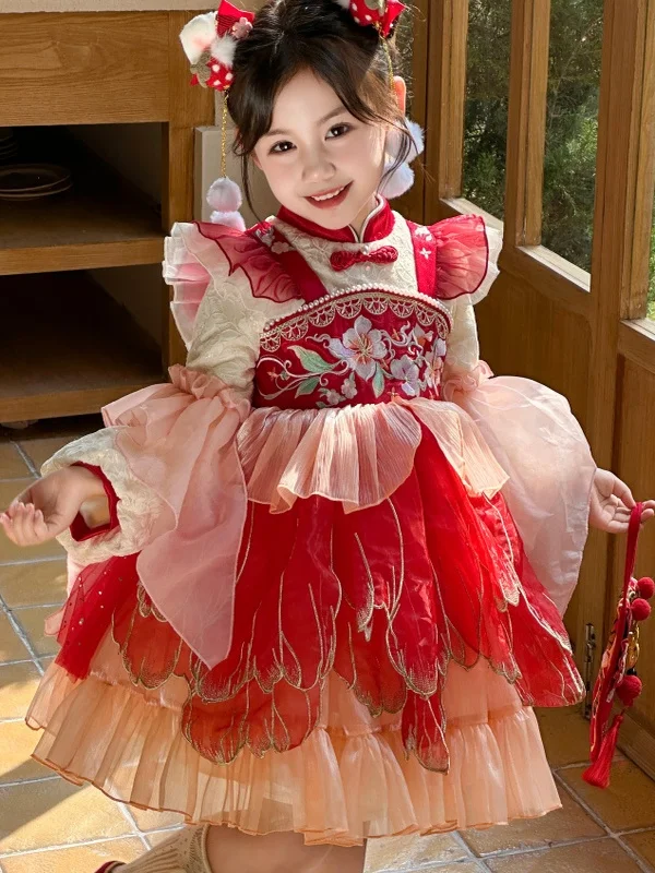 

Новое китайское платье Лолита для девочек с вышивкой, зимнее, 2025, многослойное, с кружевной юбкой, длинными рукавами, теплое, для вечеринок