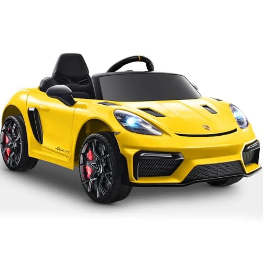 

Licensed Porsche 718 12V ride-on toy for kids: ABS plastic body, yellow finish, parent remote control, 3 speeds, foot pedal, bu