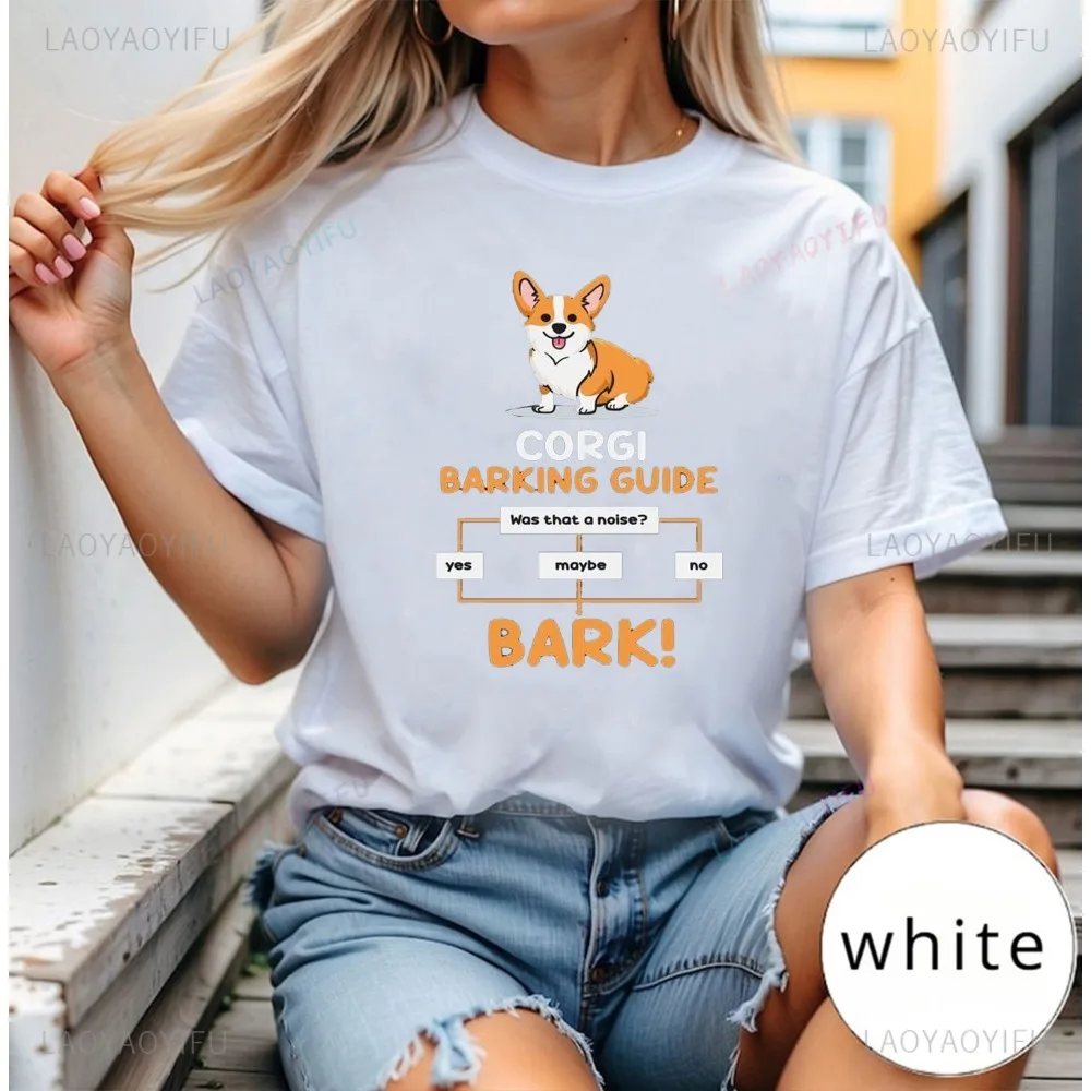 Corgi Barking Guide for Dog Lovers Cotton T-shirt Gift Funny Corgi Mom Unisex T-shirts Comfy Crewneck Short Sleeve