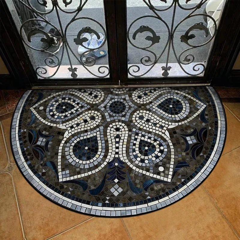Semi-circle Entrance Doormat Retro Creative Art Floor Mat Floral Ethnic Style Carpet Geometric Home Rug Stain-resistant Foot Mat