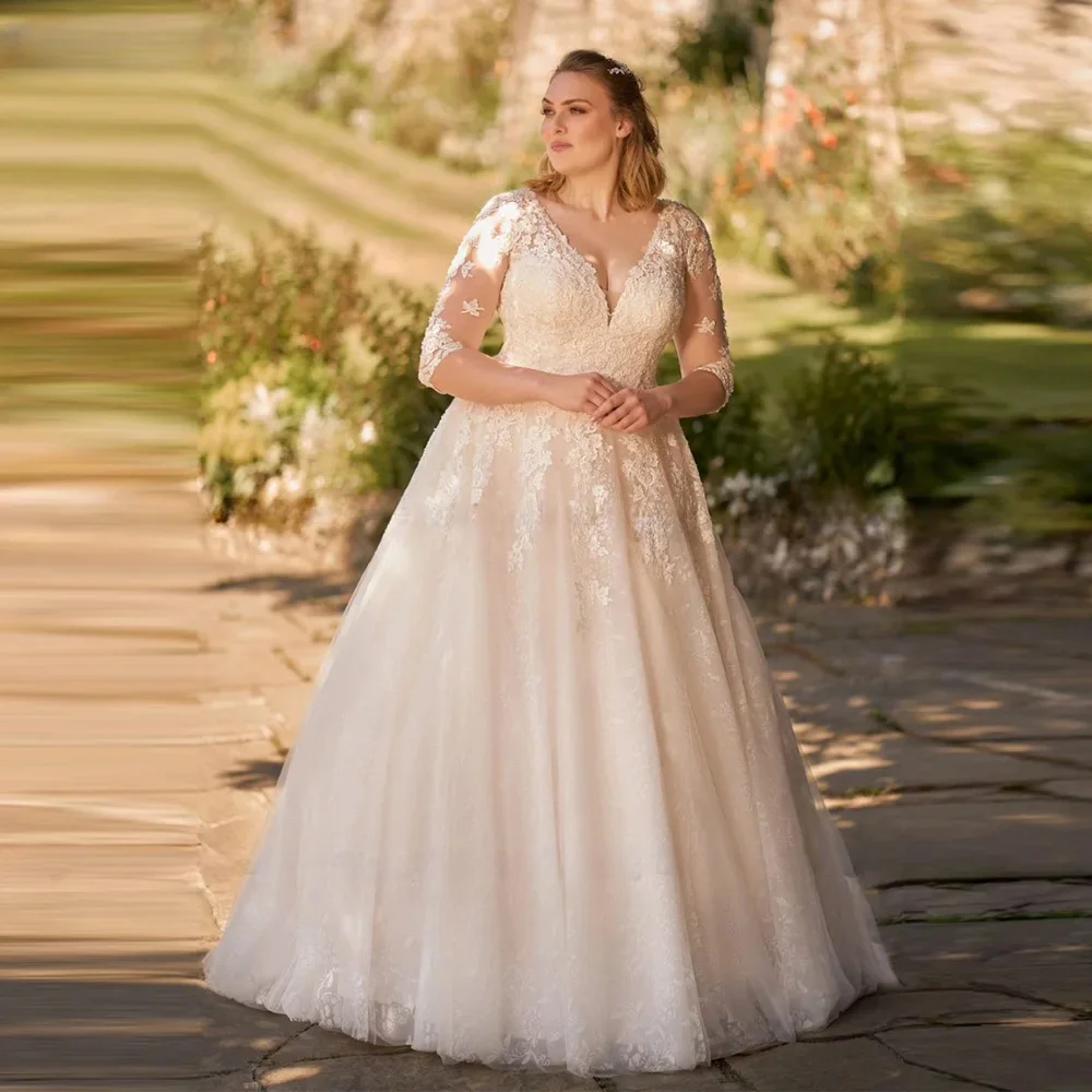 

2026 New Wedding Dress V Neck Half Sleeve Appliques A Line Tulle Bride Dress Elegant Bride Gowns For Wedding Formal Bridal Gowns