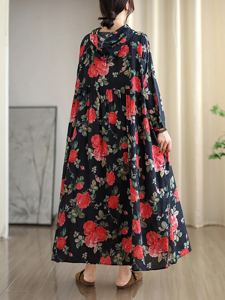 2025 outono novo com capuz manga longa vintage floral impressão vestidos longos para mulheres casual solto elegante vestido femme robe roupas