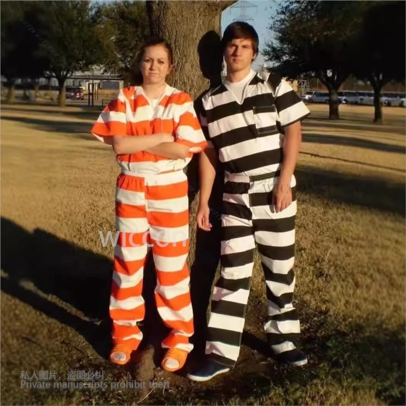 2025 New Halloween Prison Striped Prisoner Costume Uniforms Role Playing Adult Women Men Cosplay Cloth Halloween Carnival Party