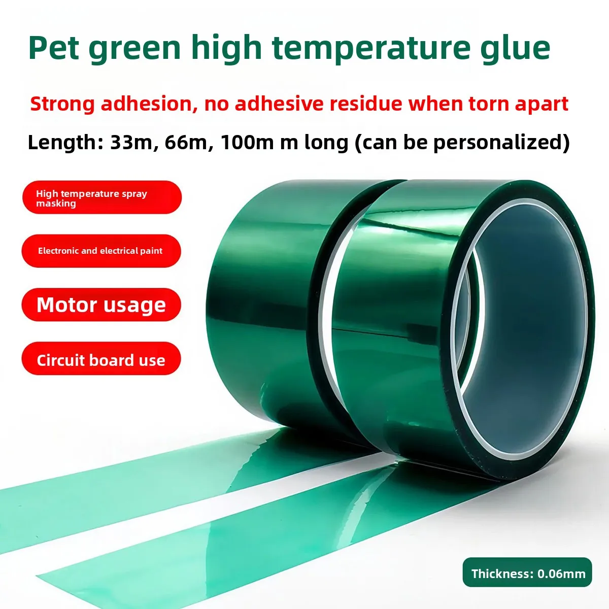 High Temperature Green PET Silicone Adhesive Tape, Insulating Glass Masking Film for PCB Electroplating, Door & Window Spraying,
