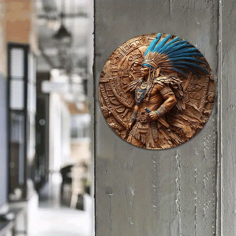 1 قطعة Aztec Warrior 8 بوصة جولة الألومنيوم جدار الفن ، علامة معدنية مقاومة للماء ، قابلة لإعادة الاستخدام الرجعية ازتيك التقويم ديكور للمنزل ، بار ، مقهى