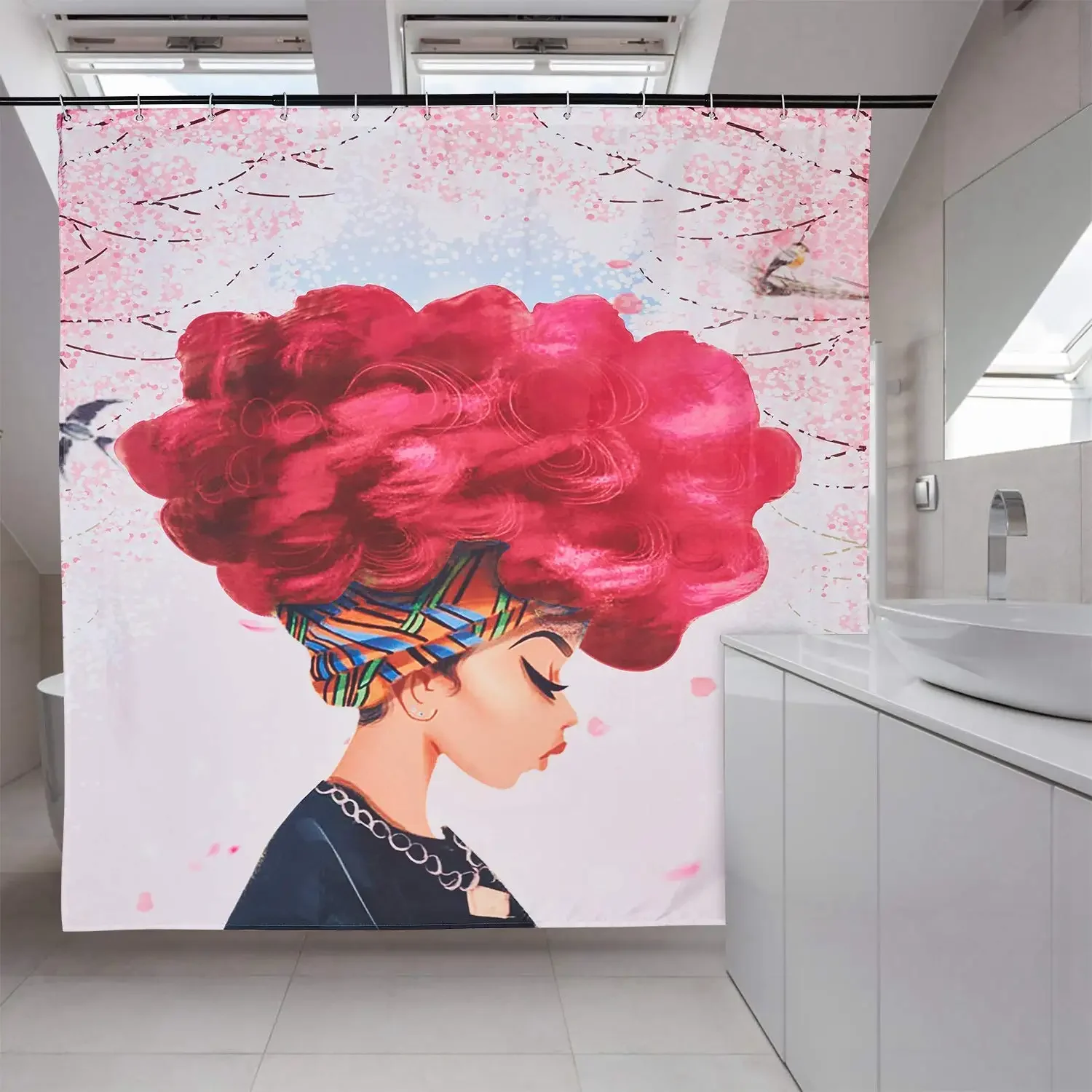 African American Girls 3D Colorful Pink Retro Style Print Shower Curtain Red Hair Afro Beauty