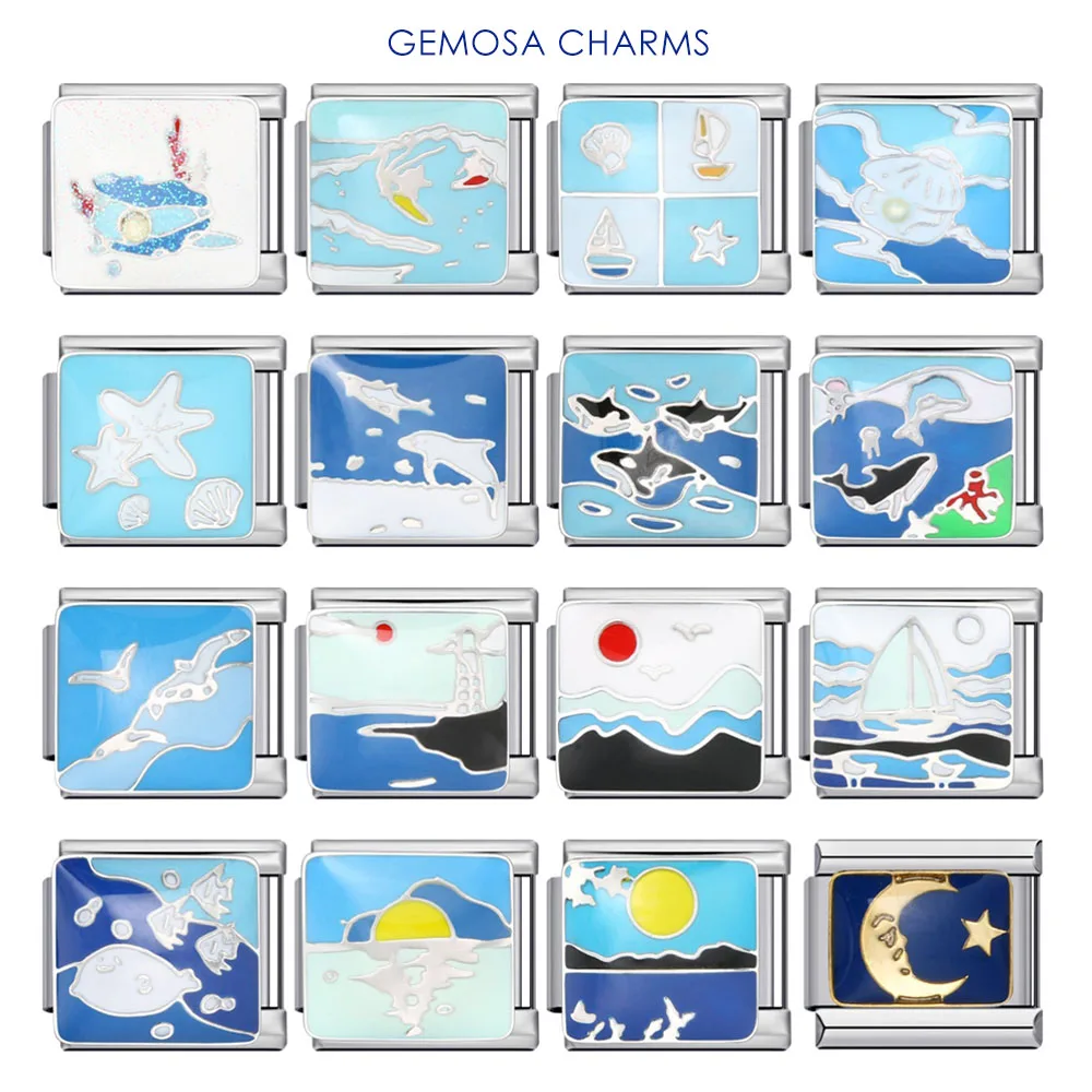 GEMOSA Classic fashion Blue Series Ocean Beach Whale Italian Charm Link Fit 9mm Stainless Steel Bracelets DIY Making Beads