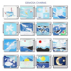 GEMOSA Classic fashion Blue Series Ocean Beach Whale Italian Charm Link Fit 9mm Stainless Steel Bracelets DIY Making Beads