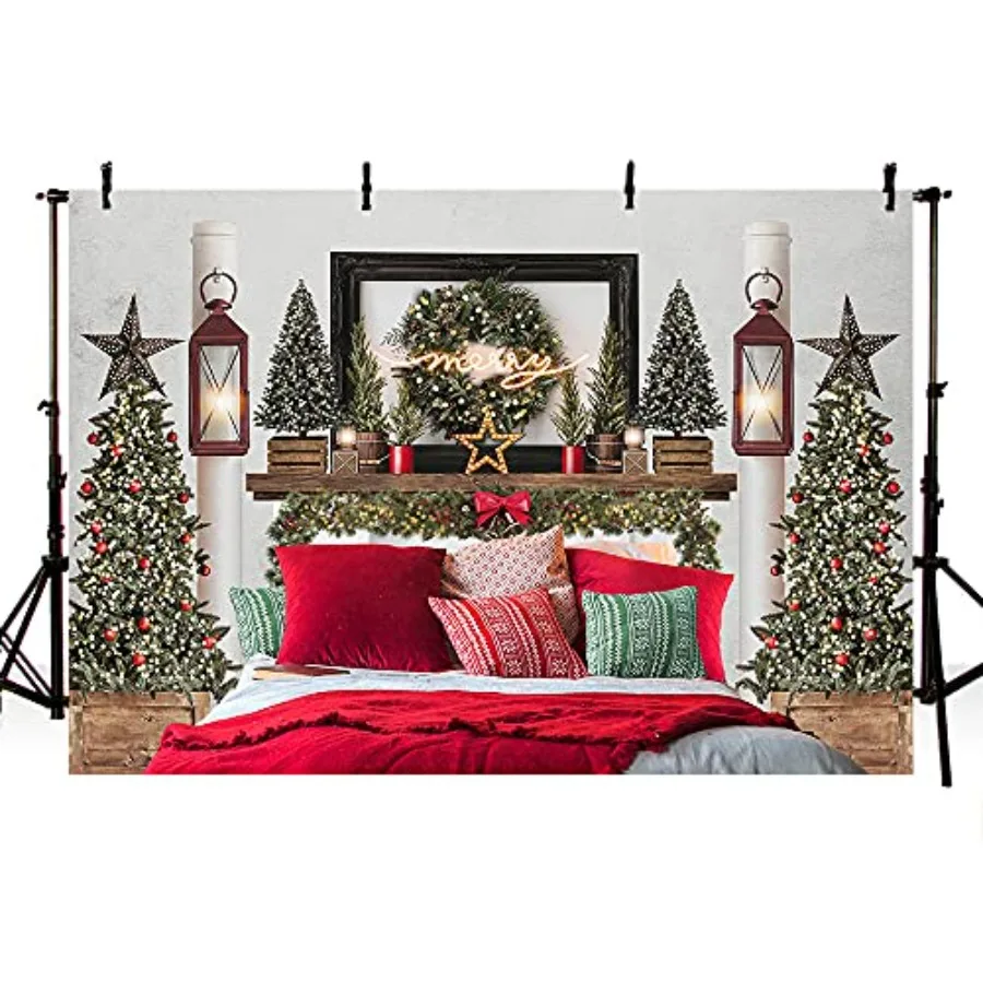 

Red Christmas Headboard Bed Backdrop Portrait Photography Winter Holiday Family Picture Photoshoot Merry Xmas Tree Photo Backgr