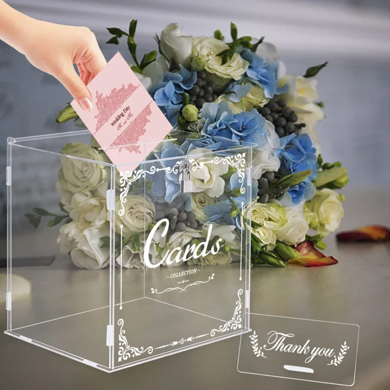 Acrylic Wedding Card Box With Lock Thank You Patterned Transparent Square Box Envelop Postcard Collection Boxs For Wedding Party