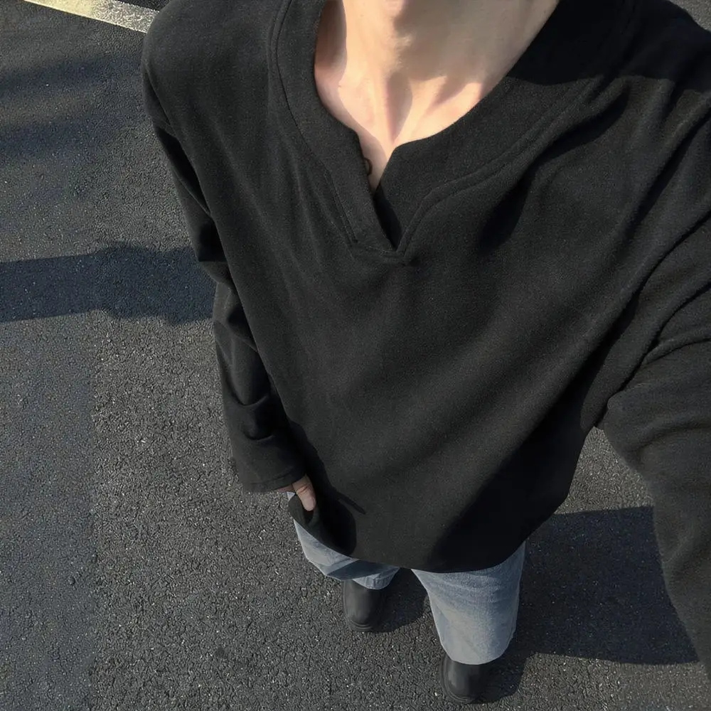 Mens Warm V Neck Long Sleeve Base Layer Autumn Winter Thermal Shirt Slim Fit Soft Velvet Casual Solid Color Undershirt