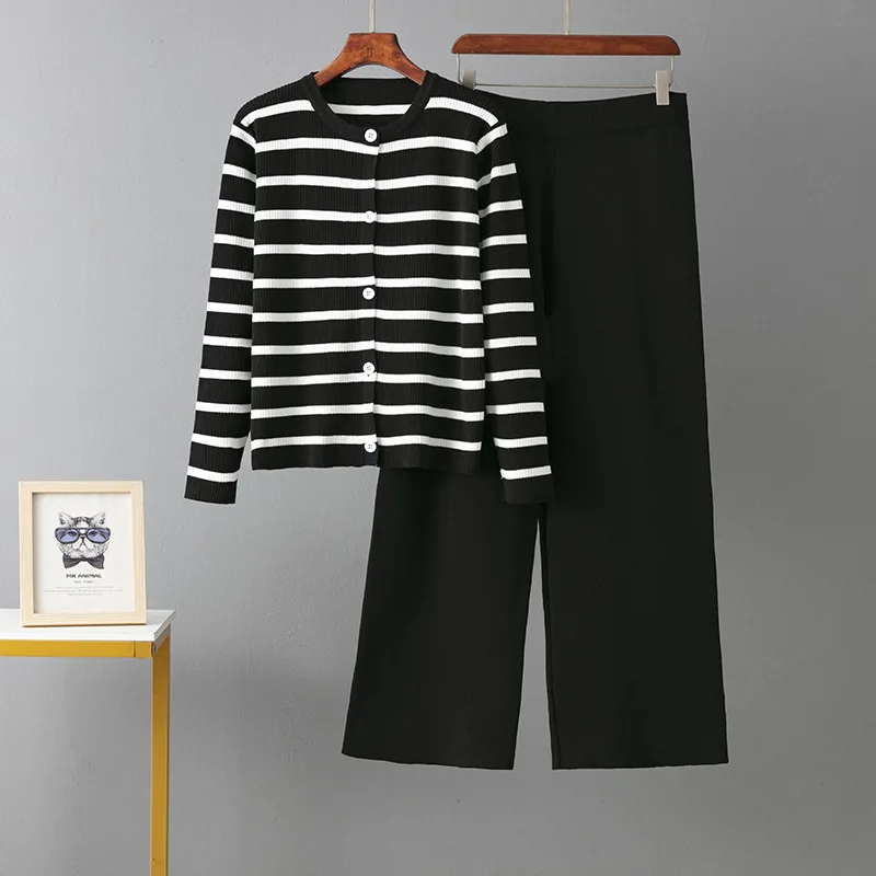 Primavera outono 2 peça feminina cardigan fatos de treino moda malha calça conjunto senhoras camisola terno vintage moda senhoras 2 peça conjunto