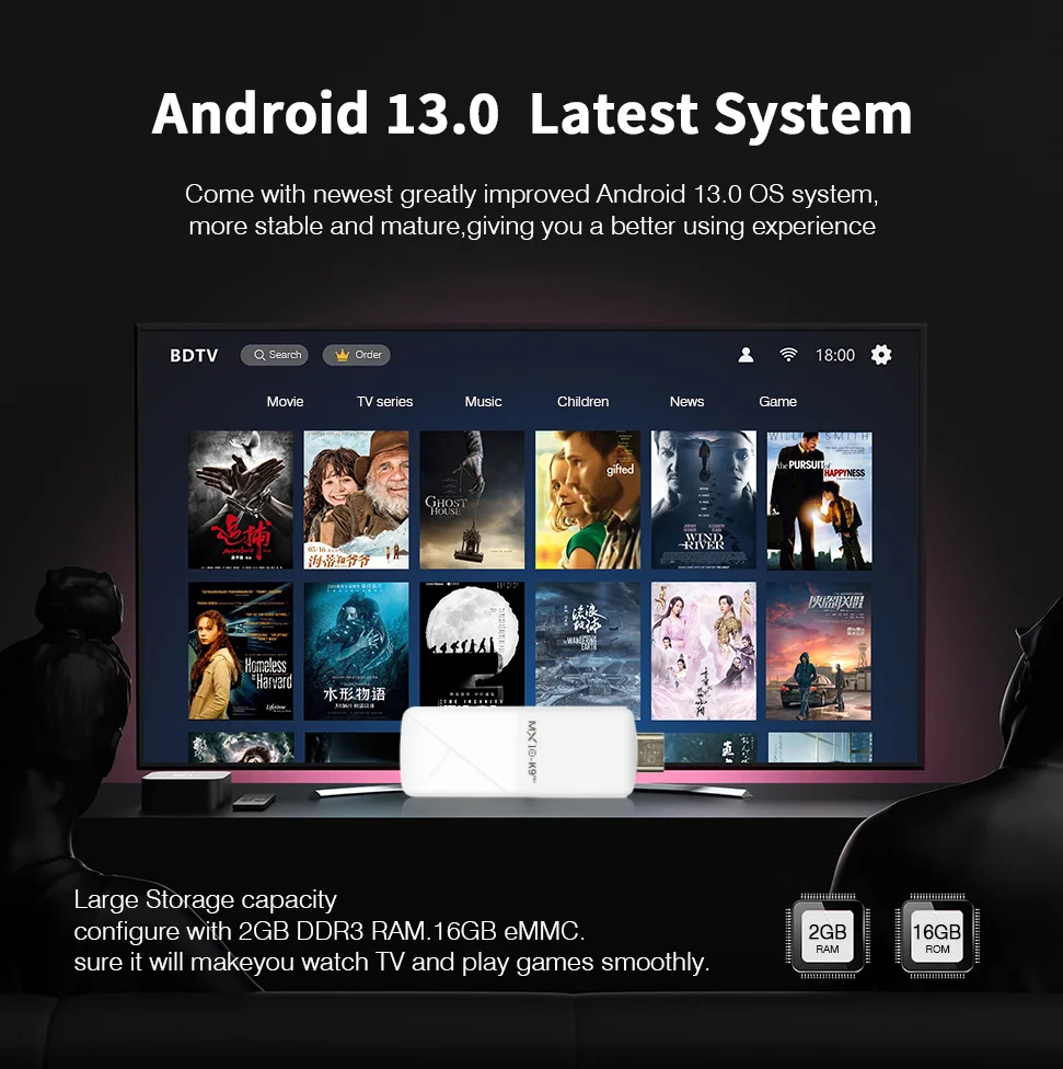 MX10-K9PRO عصا تلفاز ذكية صغيرة أندرويد 13 h618 ATV 4K HD TV box 2.4/5G WiFi TV استقبال لمشغل وسائط Google YouTube Netflix
