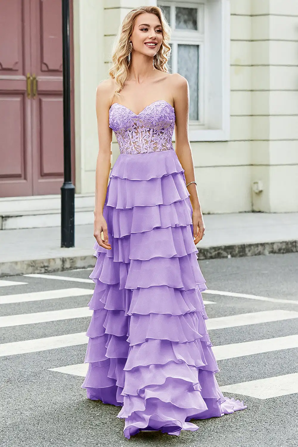 Gorgeous A Line Sweetheart Corset Lilac Prom Dress with Appliques Ruffles فساتين للمناسبات الرسمية