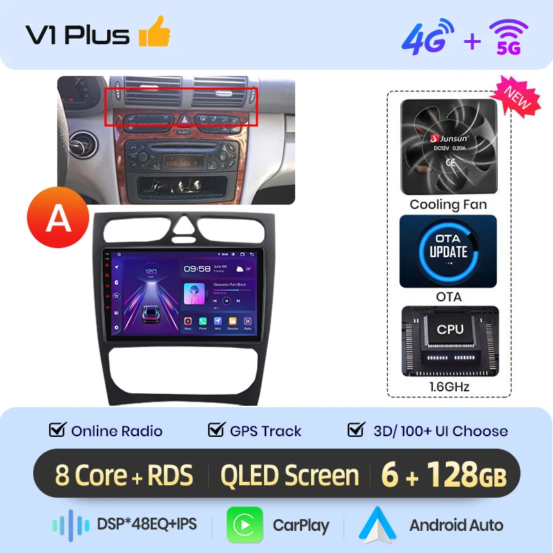 Junsun CarPlay Android Auto Autoradio voor Mercedes Benz C Klasse W203 C200 C320 C350 CLK W209 2000-2005 intelligente Multimedia 4G