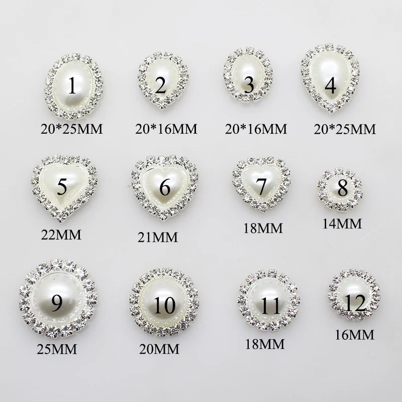 New Fashion 10pcs/lot 12 SIZE Rhinestone Pearl Snap Button Metal Brass Flat Back Button for Clothes Craft Accessories Decorative