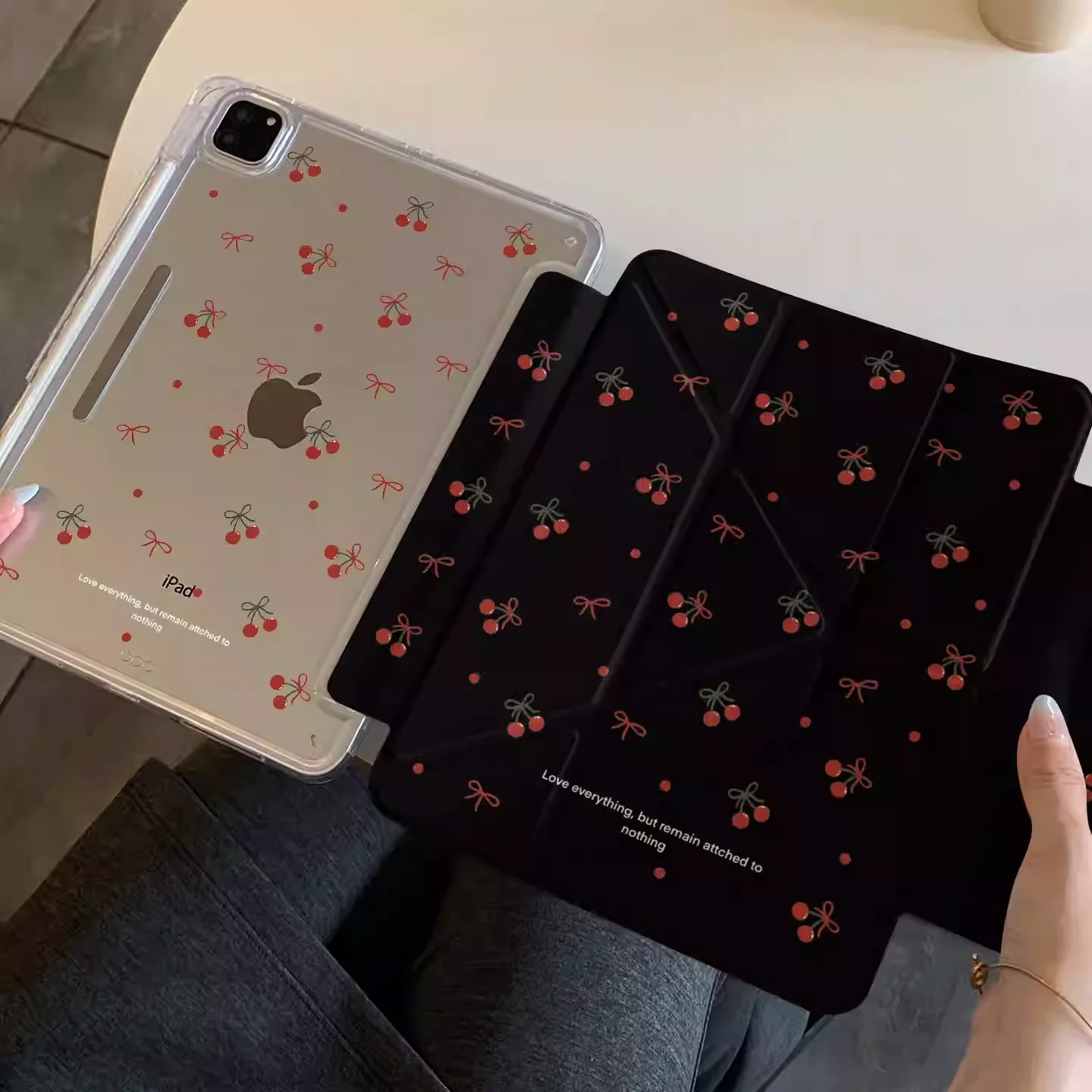 Ins French Red Cherry Black Table Case For iPad Pro 11 12.9 13 M2 M3 M4 M5 Shell 8.3 9.7 10.2 5/6/7/8/9/10/11th Air 4 5 6 Cover