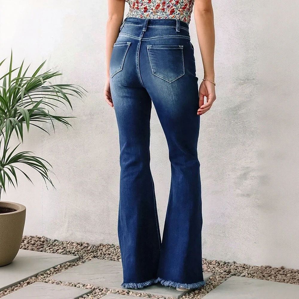 女性のハイウエスト リップド スリム フィット フレア ジーンズ エラスティック ウエスト ヨーロッパとアメリカのスタイル ファッション