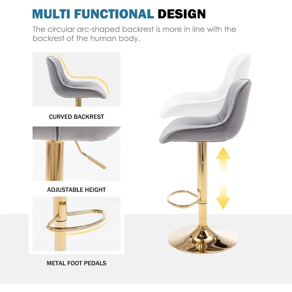 Modern Gold Velvet Bar Stools Set of 2 Swivel Counter Height with Back Adjustable Kitchen Island Stools for Home Decor