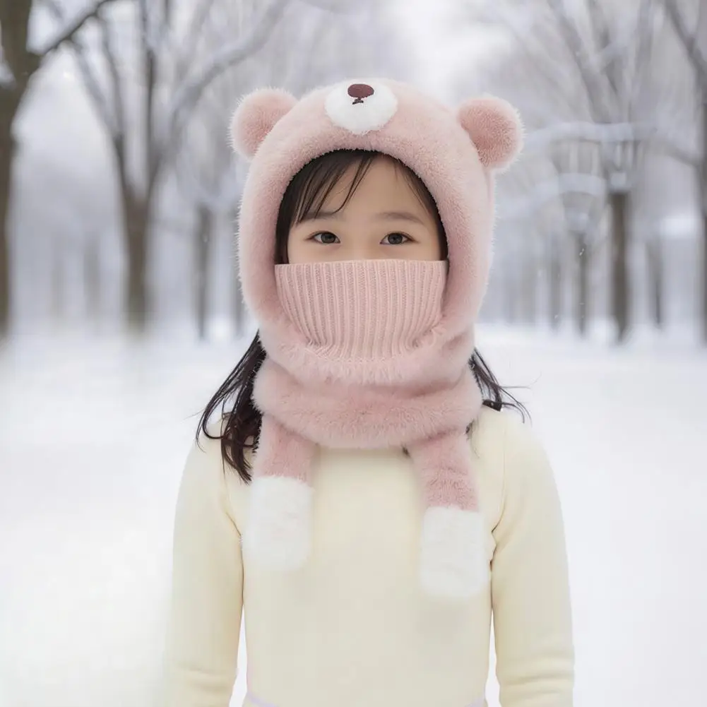 Cozy Fleece Thermal Head Wrap Kids Winter Balaclava Hat with Bear Ears Fuzzy Windproof Ski Mask Neck Warmer Cute Face for Boys