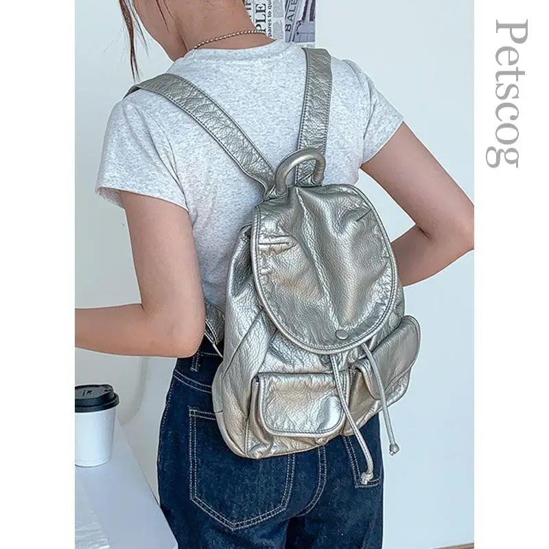 Silver Pleated Leather Shoulder Bags For Women Luxury Flap Large Backpack Cute Ladies Travel Bag Portable Backpacks Unisex