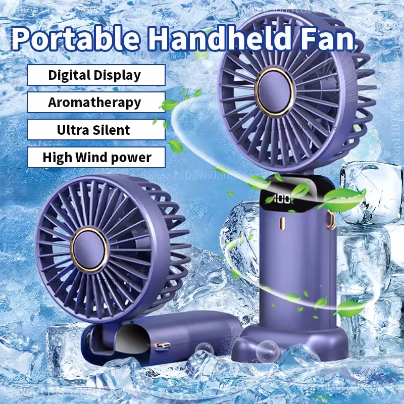 Electric Handheld Mini Fan Foldable Portable Neck Hanging Fans 5 Speed USB Rechargeable Fan with Phone Stand and Display Screen