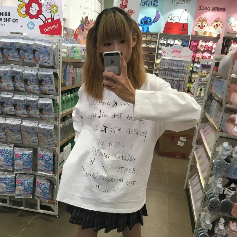 Karrram Japanese Y2k Letter Print T-shirt Trashy 2000s Style Long Sleeve Tee Shirt Vintage Harajuku White Top American Retro 90s