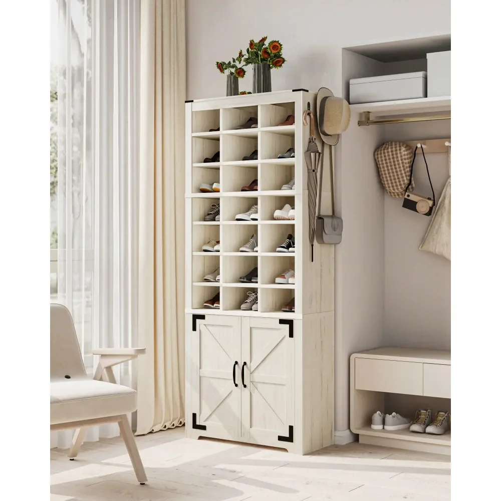 

Shoe Storage Cabinet With Doors, 30 Pairs Free Standing Closet Organizer, 8.8 Widened Cell Wood Shoe Shelves, 10 Tiers Vertical