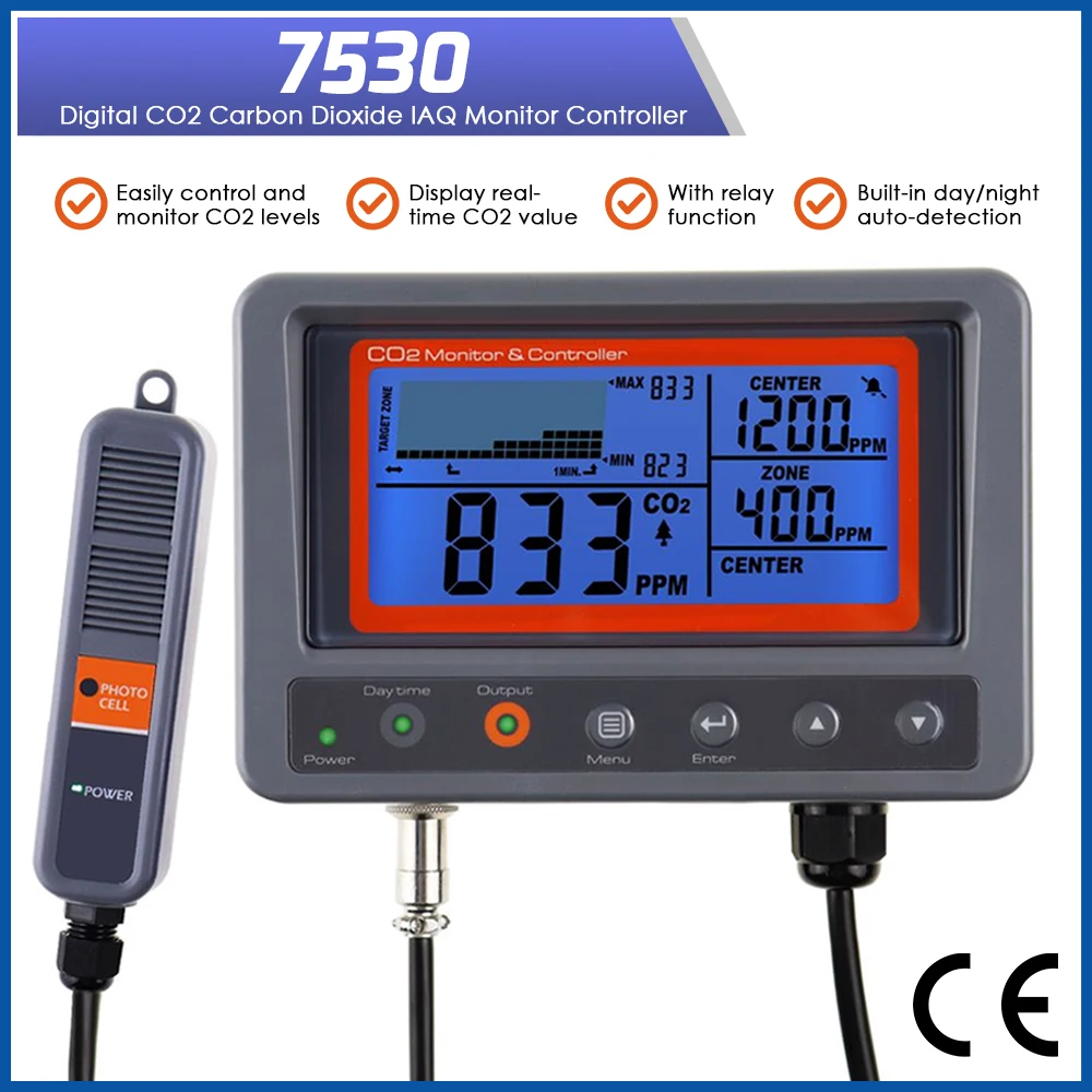 Digital CO2 Carbon Dioxide Monitor Controller & Sensor w/ Relay Function, NDIR Sensing Probe for Greenhouse, Mushroom  Farm