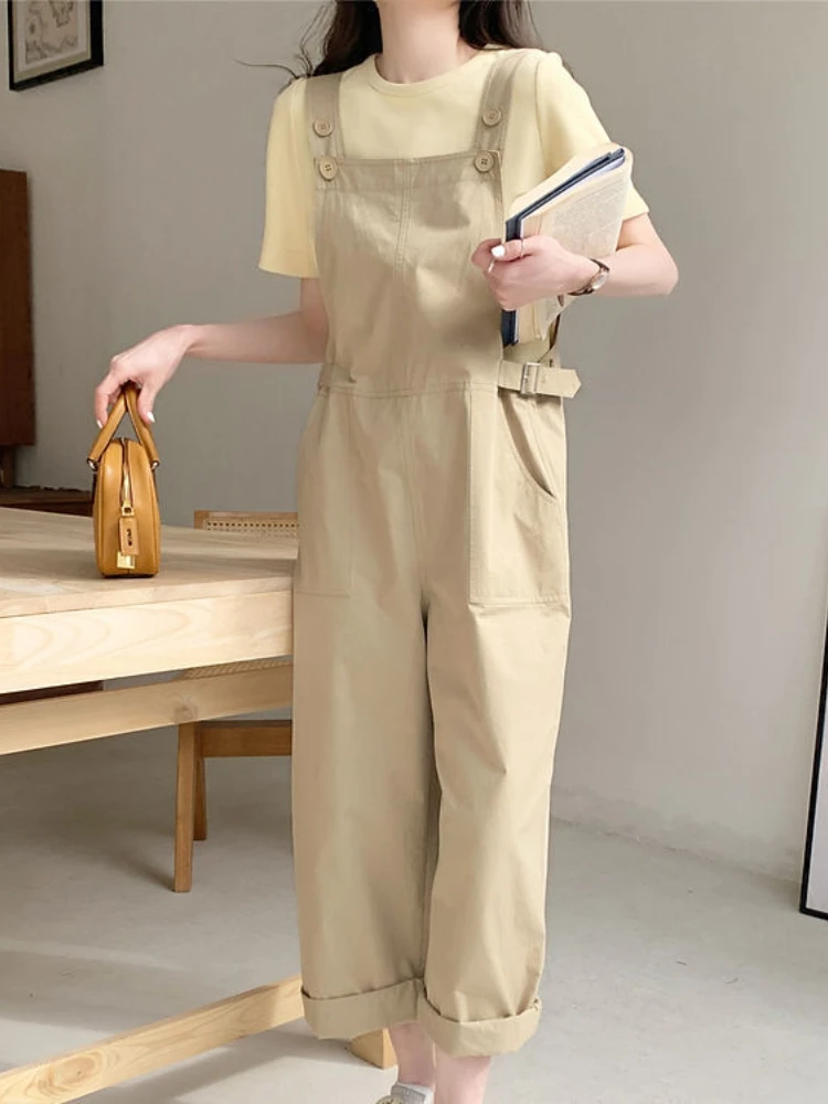 Women Sets Overalls Loose High Waist Solid Casual Cozy Basic All-match Cool Elegant Kawaii Chic Korean Style College Ins Summer