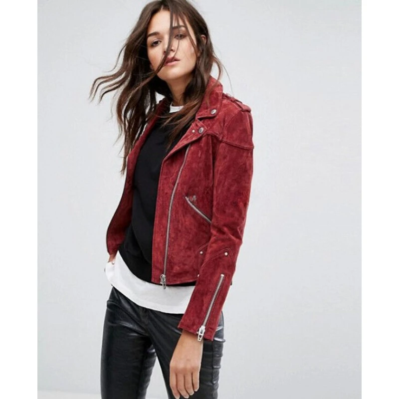 Women's Genuine Lambskin Suede Leather Jacket Red Biker Fashion Designer Coat