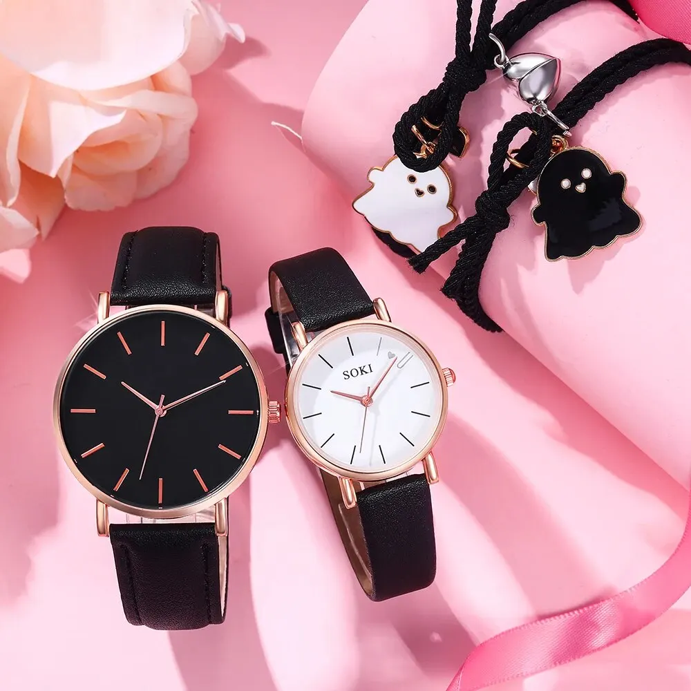 2PCS Set Couple Fashion Casual Leather Watches Ladies Simple Dial Quartz Wristwatches Dress Clock Montre Femme