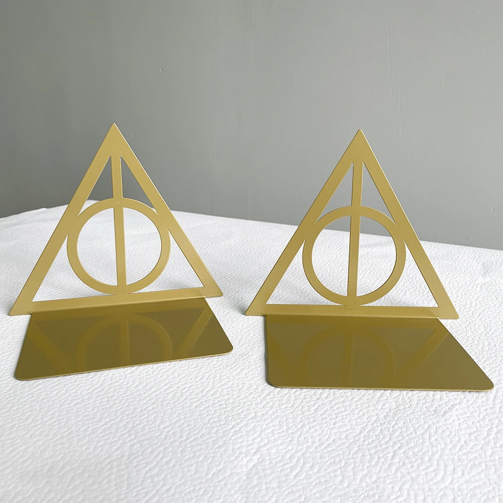 Classic Death Triangles Shape Metal Bookends for Shelf Home Decor Women Men Kids Fans Gifts Deocrative Book Ends Stand Support