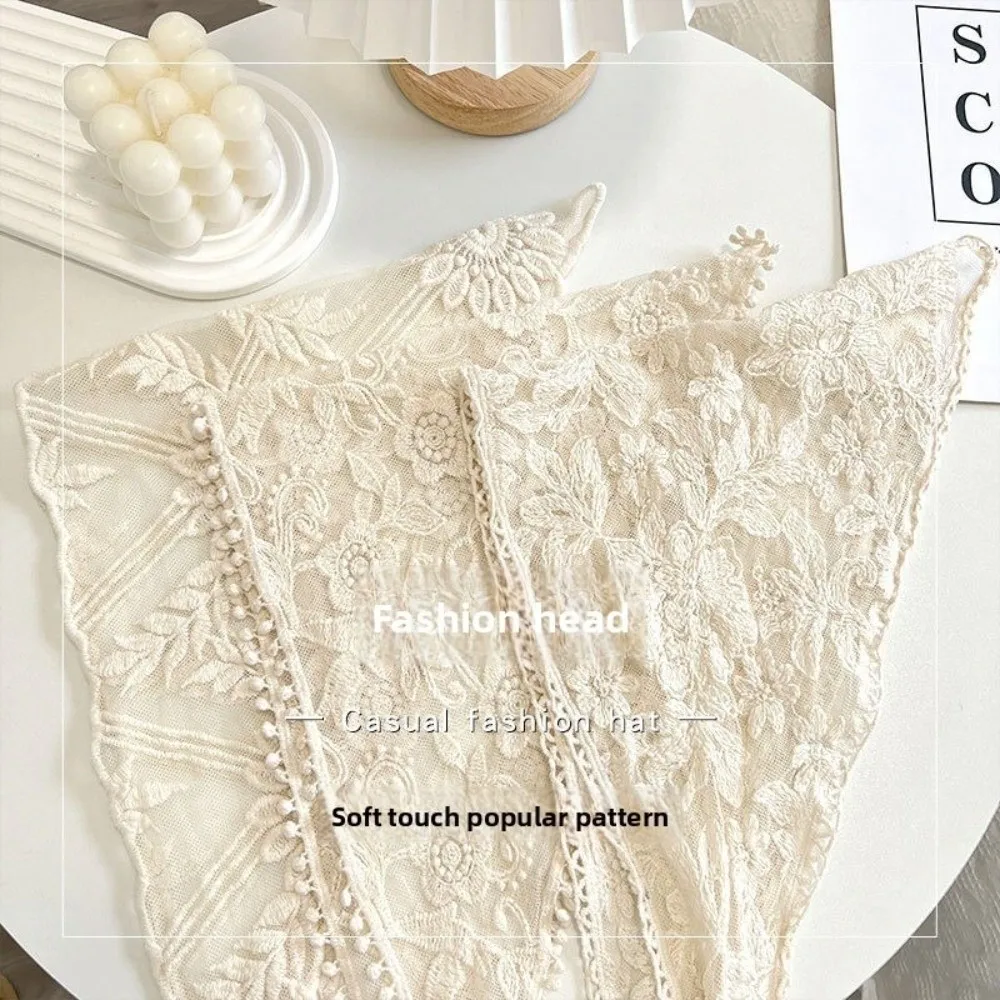 

New Hollow Out Lace Scarf Embroidery Triangular Foulard Bandana Beige French Farm Style Lace HandkerChiefs Girl