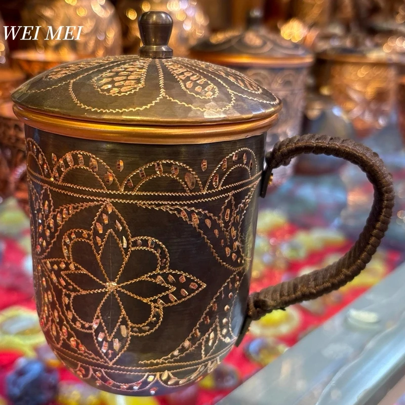 

Винтажная кофейная кружка из чистой меди, с крышкой 380 мл, уникальные подарки, ручная работа, резьба, художественная текстура, кружка для завтрака, домашняя чайная чашка, посуда