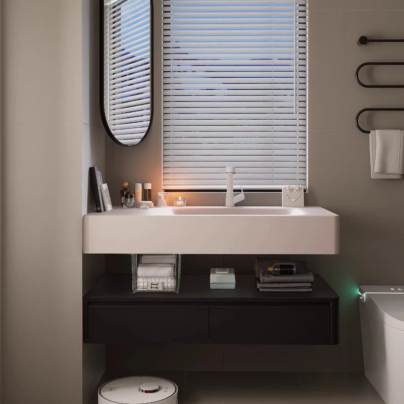 Pink integrated basin bathroom rubber wood double layer split bathroom cabinet