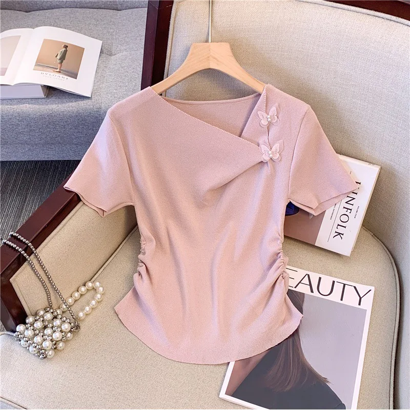 Top women's summer dress new pure desire wind small fragrance three-dimensional bow short design short sleeve shirt.