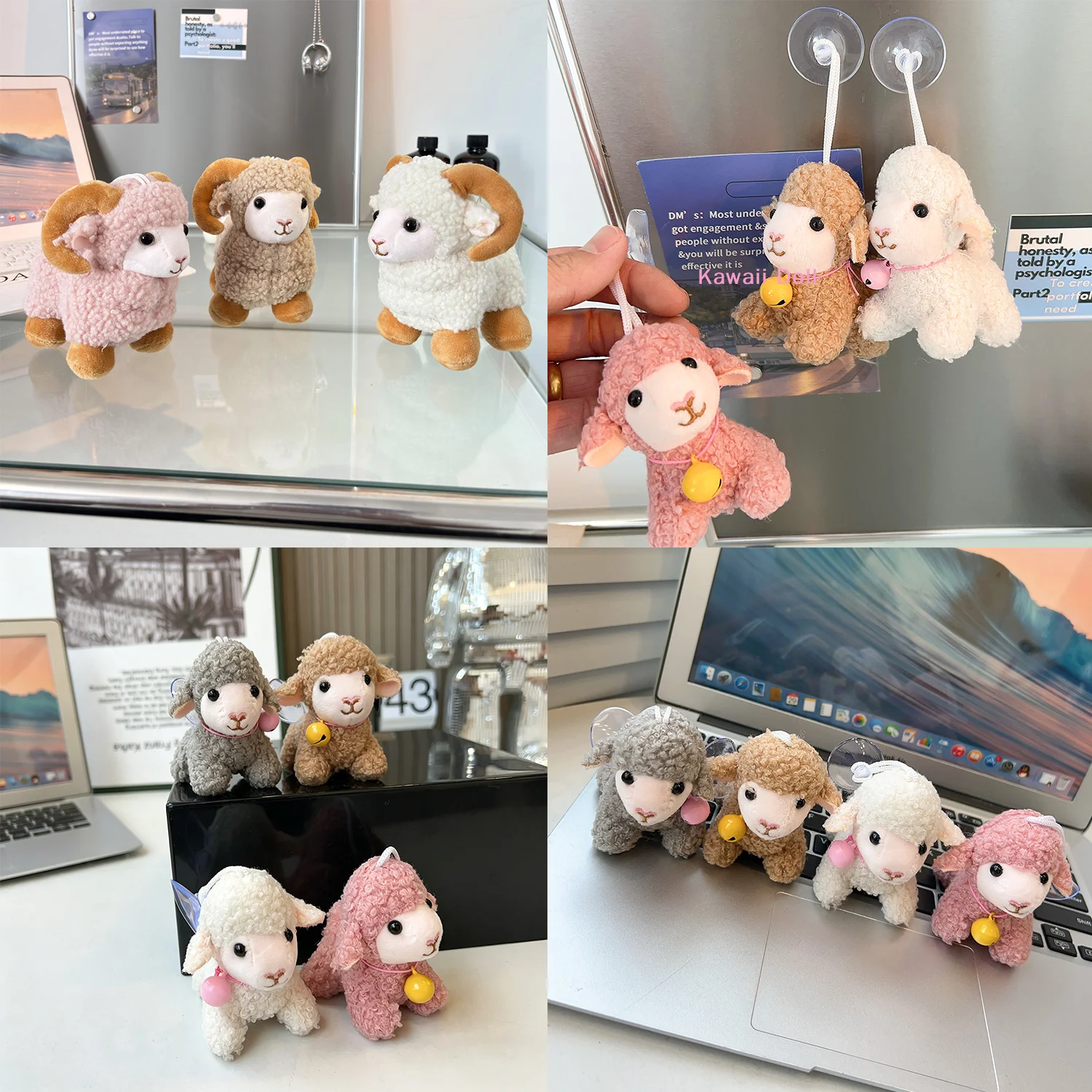 [DO]13cm Cute Mini Fluffy Sheep Plush Pendant With Suction Cup Soft Touch For Backpack Decor Gifts[DO]